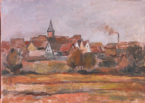 August Kutterer - Felder mit Dorf im Hintergrund, mit einem Kirchturm und rauchendem Schornstein, Daxlanden
