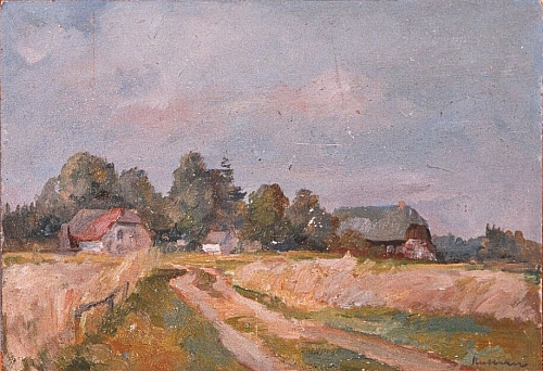 August Kutterer - Landschaft mit Feldweg und Bauernhäusern