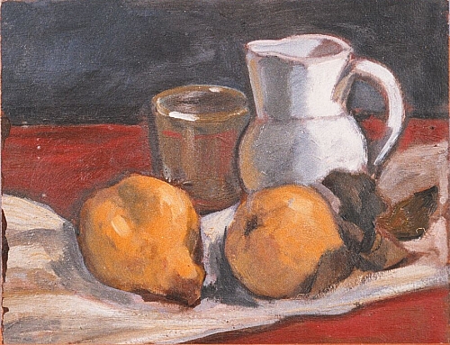 August Kutterer - Stillleben mit zwei Zitronen, weißem Krug und Glas
