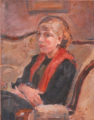 August Kutterer - Portrait eines Mädchens auf Sofa sitzend