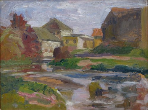 August Kutterer - kleiner Fluss an Häusern im Hintergrund, Daxlanden, Appenmühle
