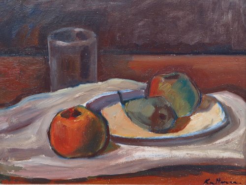 August Kutterer - Stilleben mit Äpfeln und Birnen und einem Glas auf Tisch mit Serviette