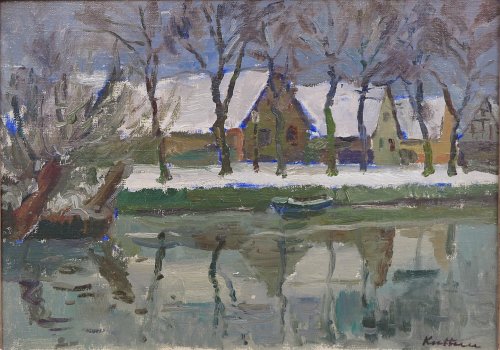 August Kutterer - Seeufer mit Bäumen und Häusern, die sich im Wasser spiegeln
