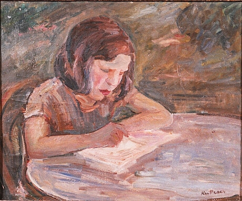 August Kutterer - Portrait eines Mädchens an einem Tisch sitzend und lesend, Gisela Kutterer