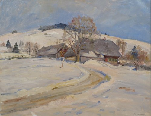 August Kutterer - verschneite Landschaft mit Feldweg zu Dorfeingang, Bernau