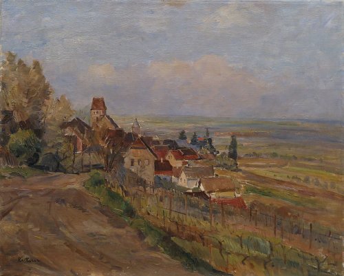 August Kutterer - Landstraße an einem Hang zu einem Dorf mit Blick über weite Ebene, Gleissweiler