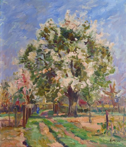 August Kutterer - Blühender Baum mit Weg und Frau, Ölgartenweg bei Daxlanden