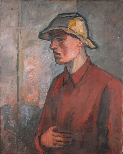 August Kutterer - Portrait eines Mannes mit rotem Hemd und Hut im Profil, Halbfigur