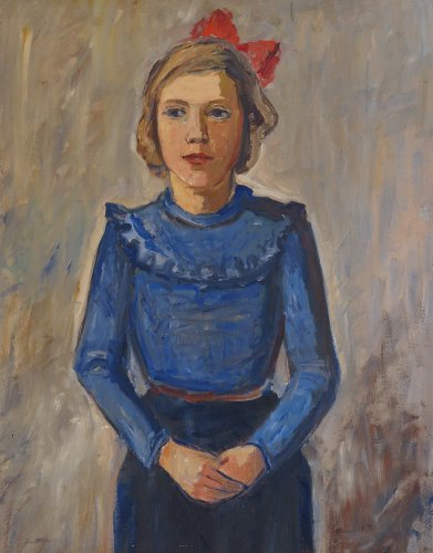 August Kutterer - Portrait eines Mädchens mit blauer Bluse und roter Schleife, Halbfigur