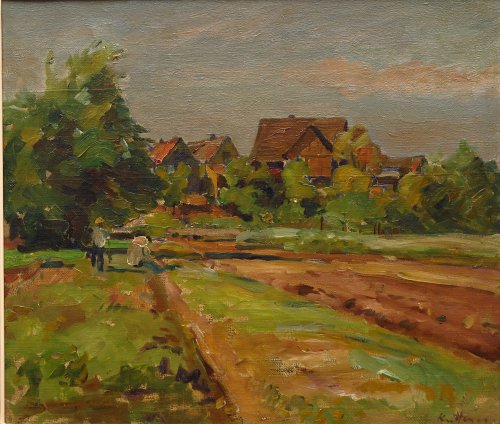 August Kutterer - Dorfrand, Bauern bei der Feldarbeit mit Dorf im Hintergrund, Daxlanden, Blick zur Vorderstraße, 