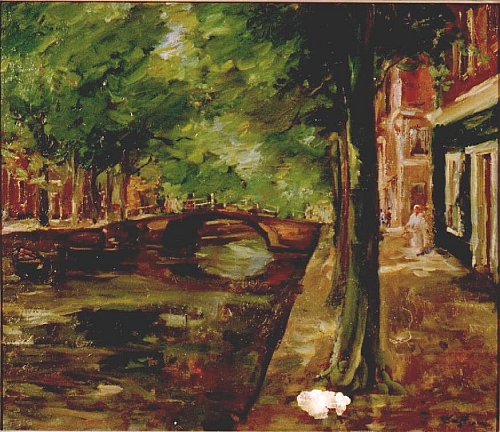 August Kutterer - Fluss mit Häuser- und Baumufer mit Brücke und Passanten, Holland, Delft