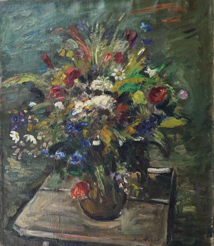 August Kutterer - Stilleben mit Blumenvase auf einem Tisch, Mohn, Margariten, Kornblumen