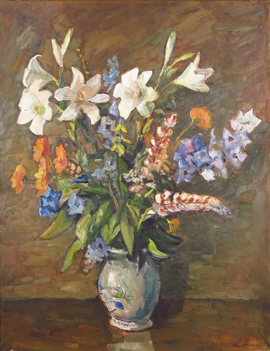 August Kutterer - Blumenstilleben in Vase mit weißen Lilien und Rittersporn
