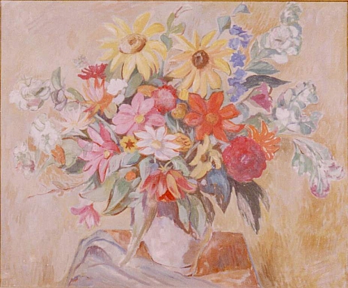 August Kutterer - Stilleben mit Blumenvase mit Frühsommerblumen, Dahlien, Sonnenblumen