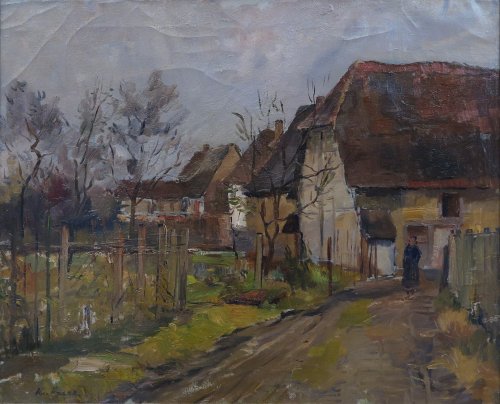 August Kutterer - kleine Straße zwischen Gärten zu einem Dorfeingang mit einer Passantin, Daxlanden, bei Lilienstraße (hinter den Häusern)
