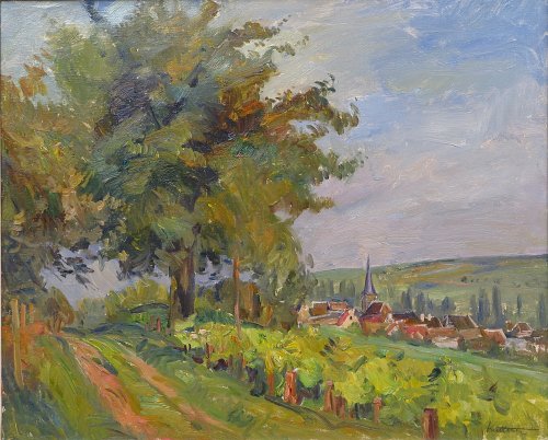 August Kutterer - Feldweg mit Baum, Wiesen und Feldern, Dorf im Hintergrund, Pfalz