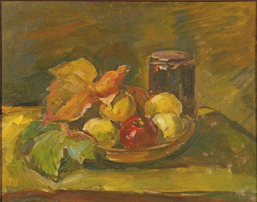 August Kutterer - Stilleben mit Apfelschale, Weinlaub und Marmeladenglas