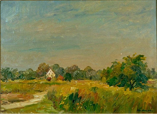 August Kutterer - Wiesen und Felder mit Haus im Hintergrund