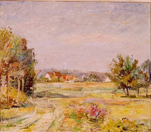 August Kutterer - kleiner Feldweg zwischen Feldern und Bäumen, Dorf am Horizont, Blick von der Waid auf Daxlanden, in der Nähe der Ziegelei Mall