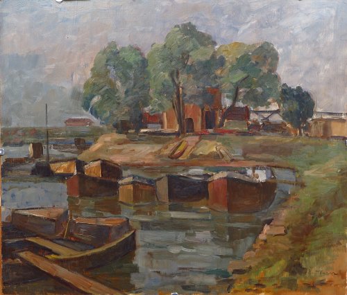 August Kutterer - Boote am Flussufer mit Bäumen und kleinem Bootshaus, bei Maxau