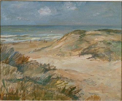 August Kutterer - Blick zwischen Dünen auf Strand mit Meer, Holland, Nordsee,  Zandvoort