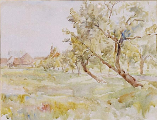 August Kutterer - Wiesen und Felder mit Obstbäumen und Dorf im Hintergrund