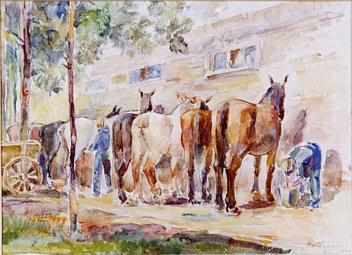 August Kutterer - Reihe von Pferde von hinten vor einem Gebäude mit Pflegern bei der Arbeit