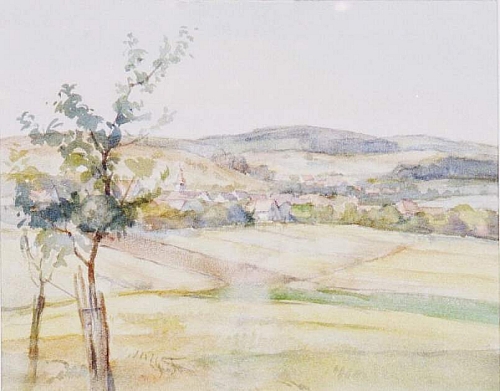 August Kutterer - kleines Dorf zwischen Feldern und Hügeln,  zwei Bäume im Vordergrund