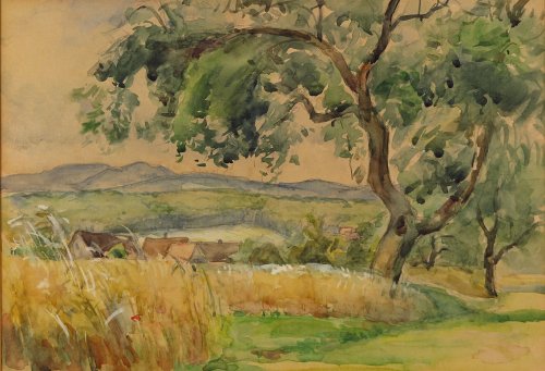 August Kutterer - weite Hügellandschaft mit Feldern, Wiesen und Häusern, 2 Bäume im Vordergrund