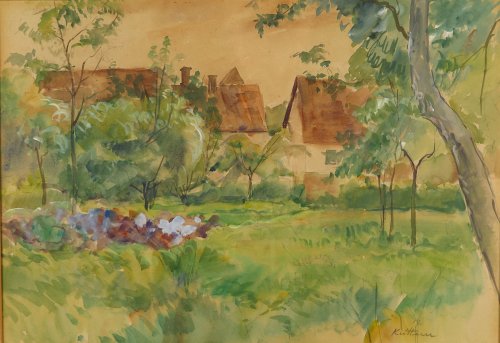 August Kutterer - Wiese mit Blumen und Bäumen, Häuser im Hintergrund