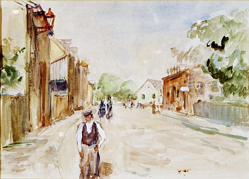 August Kutterer - breite Dorfstraße mit Passanten