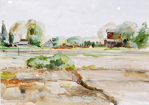August Kutterer - Ackerlandschaft mit Häusern im Hintergrund