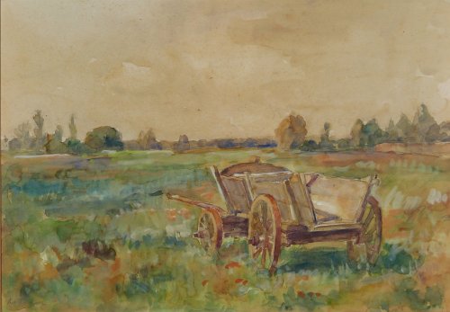 August Kutterer - weite Wiesen und Felder mit Holzkarren im Vordergrund