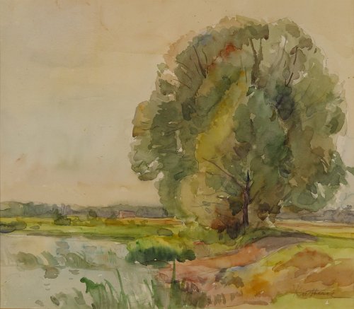 August Kutterer - Gewässer mit Feldern und großem Baum am Ufer