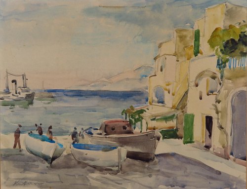 August Kutterer - südländische Häuser mit Booten auf dem Kai, Capri
