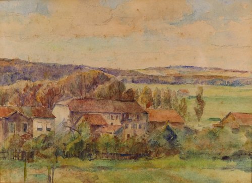 August Kutterer - weite Landschaft mit Wiesen, Hügeln und Häusern Baccarat ?