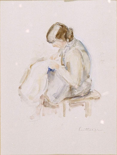 August Kutterer - Frau auf einem Hocker sitzend bei einer Näharbeit, im Profil, Elise Kutterer