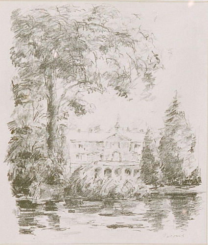 August Kutterer - Gewässer mit durch Bäume gerahmtes Schloss im Hintergrund