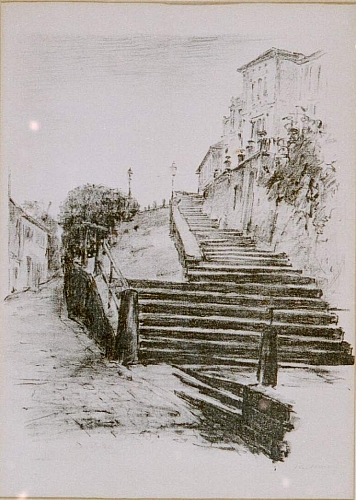 August Kutterer - Straße mit einer Treppe zu Häuserzeile auf Anhöhe, Baden-Baden