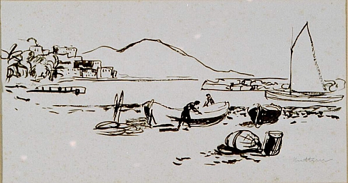 August Kutterer - Boote mit Menschen am Ufer eines Flusses mit Berg im Hintergrund, Neapel