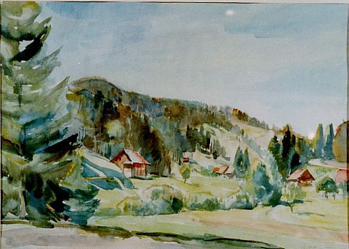 August Kutterer - Waldlandschaft mit Hügeln und einzelnen Bauernhäusern, Schwarzwald
