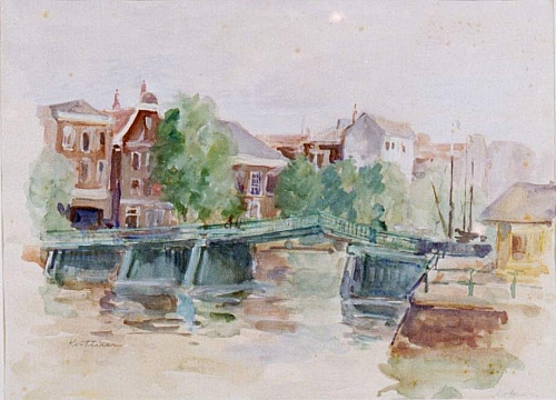 August Kutterer - Flusslauf mit Brücke und Häuserzeile im Hintergrund, Holland, Grachten