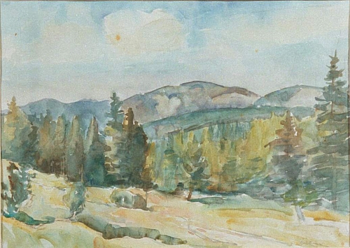 August Kutterer - Landschaft mit Tannen und Laubbäumen vor Bergrücken, Schwarzwald
