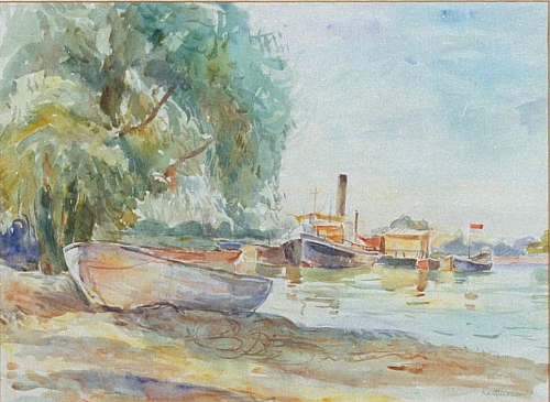 August Kutterer - Flussufer mit Bäumen und Kähnen zu Wasser und an Land