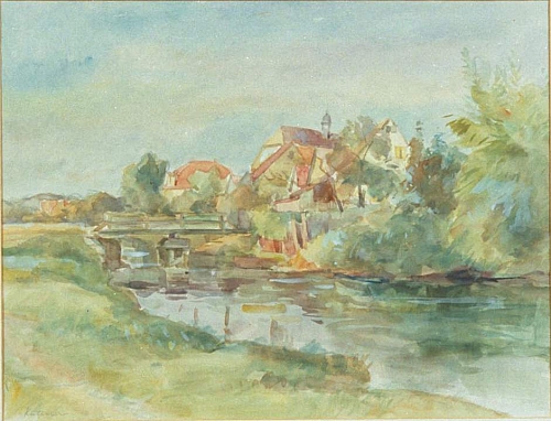August Kutterer - Flusslauf mit Brücke an Wiesen und Häusergruppe, Daxlanden, Appenmühle