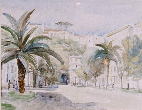 August Kutterer - weite südländische Straße mit Palmen und hohen Häusern