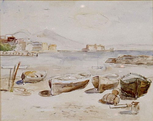August Kutterer - kleine Boote am Ufer liegend, Meer und Berge im Hintergrund, Neapel