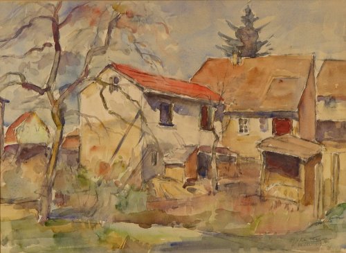 August Kutterer - Bauernhäuser, Hofseite mit Wiesen und Baum