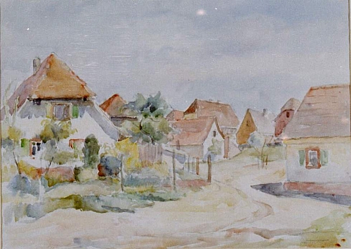 August Kutterer - kleine Straße zu Dorfeingang mit Bauernhäusern und einem Vorgarten links