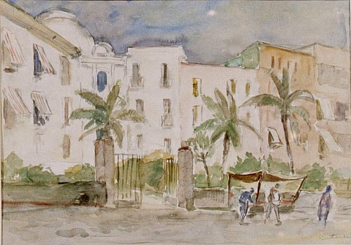 August Kutterer - südländische Straße mit hohen Häusern und Park und kleinem Verkaufstand am Straßenrand